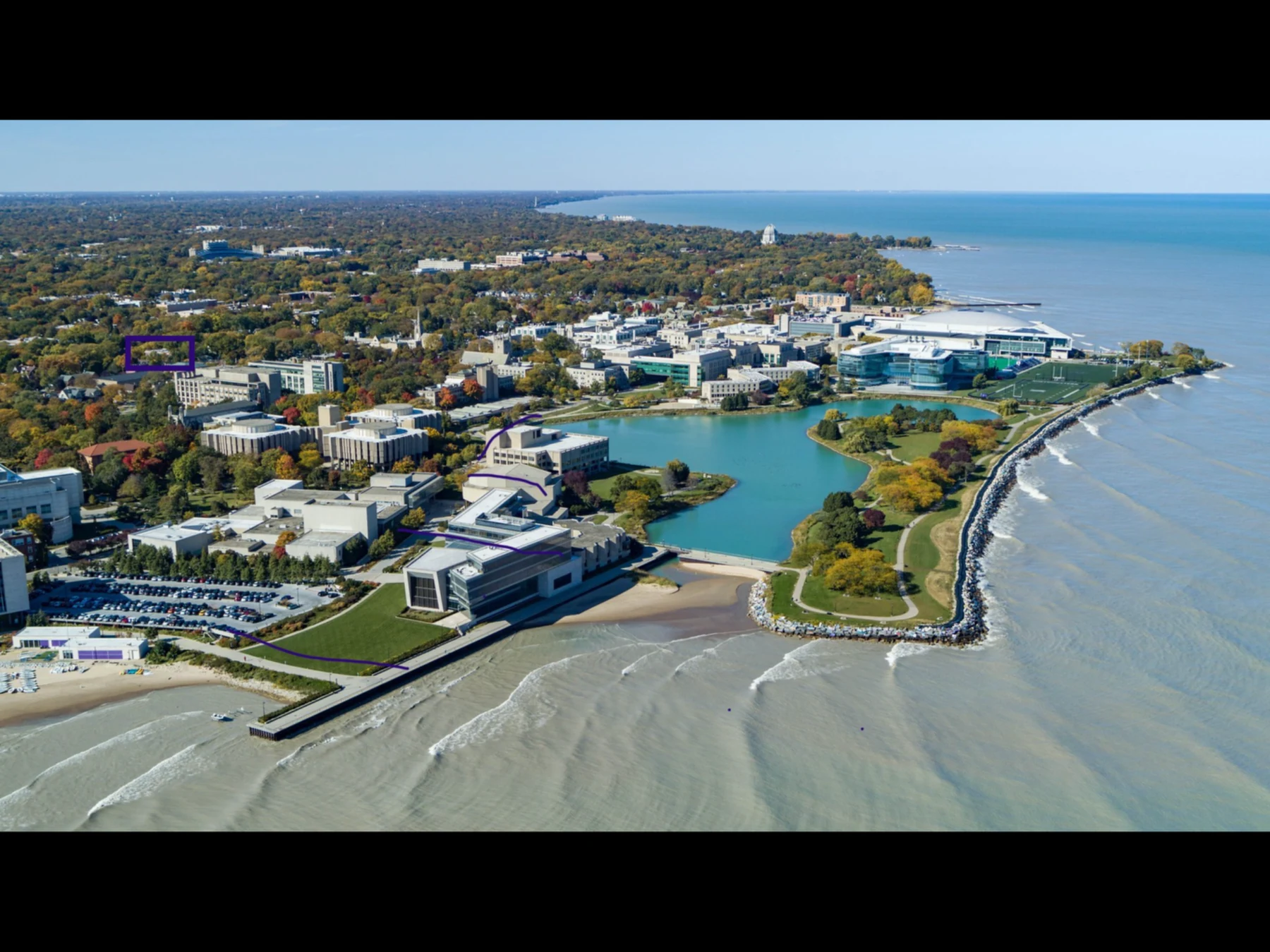 Northwestern campus and Lake Michigan, with Library Place Apartments marked by the purple box toward the left